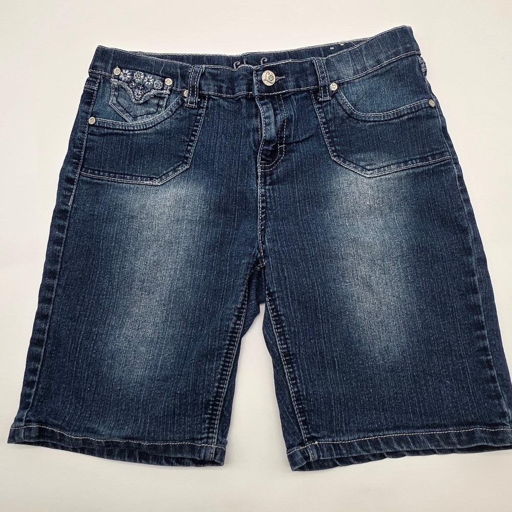 Denim Shorts Girls Size 16 Blue Embroidered Rhinestone Pockets Casual Y2K